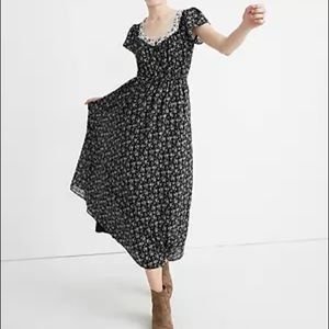 Print-Mix Sheer-Sleeve Dress in Branch Floral